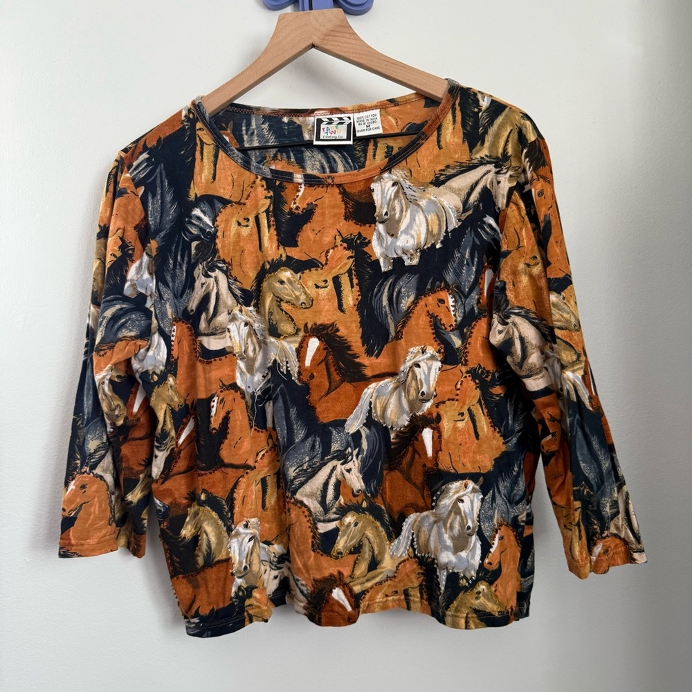 90s Y2K Medium Beaded Horse Pony Print Tee Western Rodeo Festival‎ Equestrian